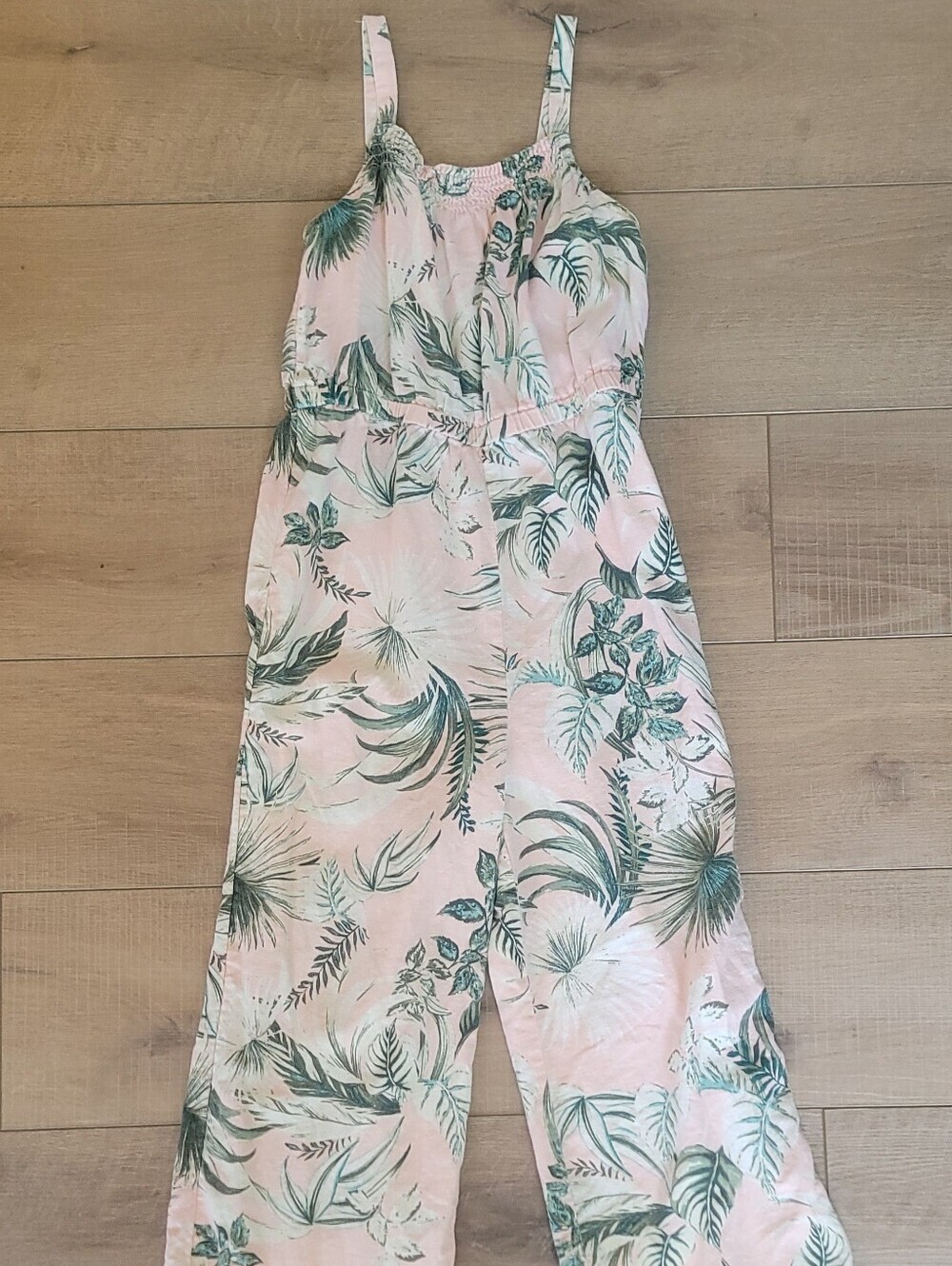 Old Navy Smocked Linen Tropical Jumpsuit Peach Pink L (10-12) Beach